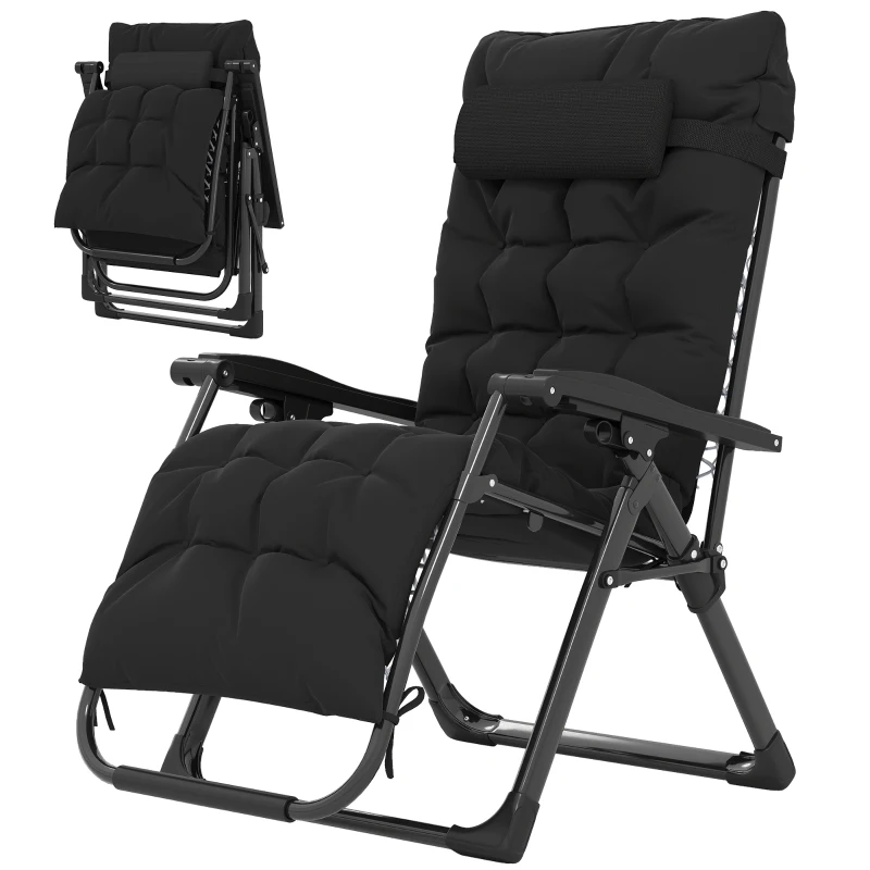 Outsunny Folding Garden Chair, Reclining Zero Gravity Chair, Sun Lounger with Cushion and Headrest, Black