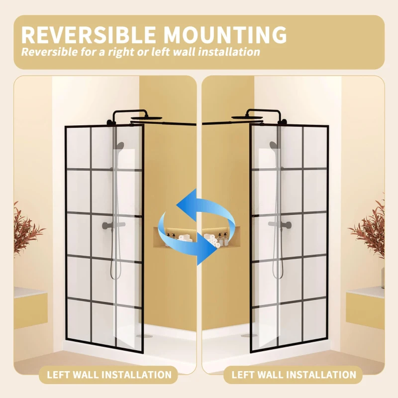 Framed Glass Shower Screen with Safety Film and Tempered Glass, Door with Stainless Steel Support Rod, 34" L x 0.5" W x 72" H, Matte Black