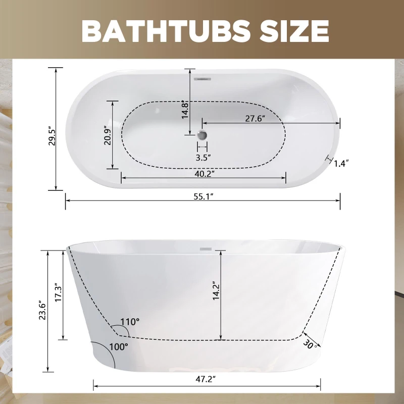 55" Freestanding Acrylic Soaking Bathtub with Double-Wall Insulation for Heat Retention, Tub for Bathroom, 55" L x 29.50" W x 23.5" H, Gloss White
