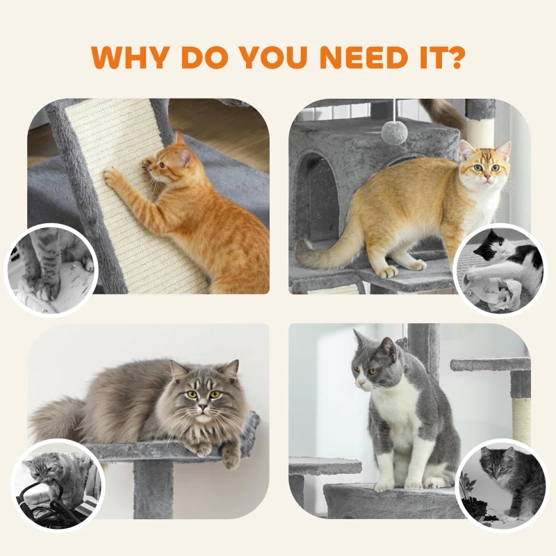 PawHut 54" Cat Tree, Multi-Level Cat Tower with Scratching Posts, Cat Condos, Bed, Platforms, Ramp, Toy Ball, Light Grey