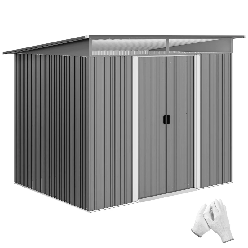Outsunny 9' x 6.5' Outdoor Metal Garden Shed Utility Tool Storage Steel Backyard House, Light Grey