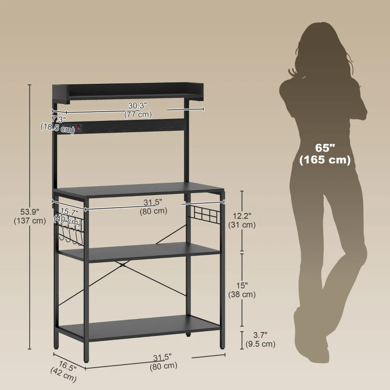 HOMCOM Kitchen Baker's Rack with Power Outlet, Coffee Bar Station with Adjustable Shelves and Hooks, Distressed Black