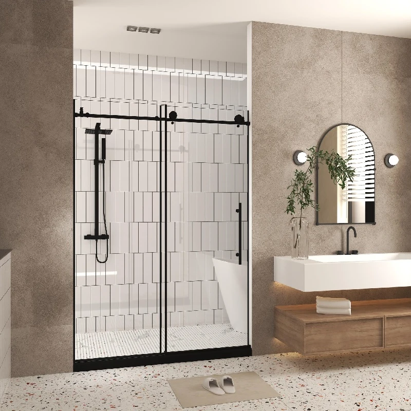 Frameless Sliding Shower Door with Explosion-Proof Film and Smooth Stainless Steel Rollers, Panel for Bathroom, 60" L x 0.5" W x 76" H, Matte Black