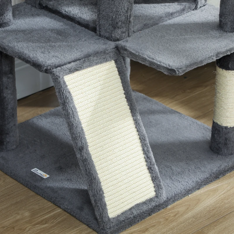 PawHut 54" Cat Tree, Multi-Level Cat Tower with Scratching Posts, Cat Condos, Bed, Platforms, Ramp, Toy Ball, Light Grey