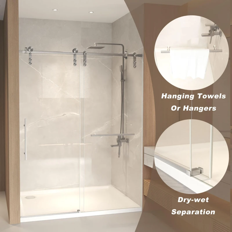 Sliding Shower Door with Waterproof Seals and Tempered Glass, Bathroom Door with Towel Bar Handle, 48" L x 0.5" W x 76" H, Brushed Nickel
