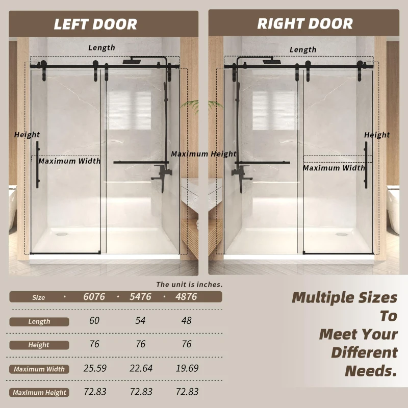 Sliding Bathtub Door with Waterproof Seals and Tempered Glass, Bathroom Door with Towel Bar Handle, 54" L x 0.5" W x 76" H, Matte Black