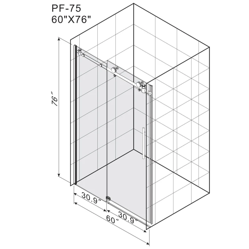 Frameless Shower Door with Stainless Steel Hardware, Support Bar, Bathroom Door with Waterproof Seals, 60" L x 0.5" W x 76" H, Brushed Nickel