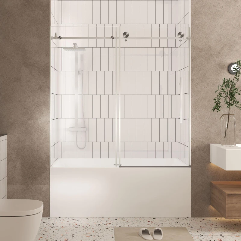 Frameless Sliding Shower Door with Smooth Quiet Stainless Steel Rollers & Round Tracks, Panel for Bathroom, 60" L x 0.5" W x 60" H, Brushed Nickel