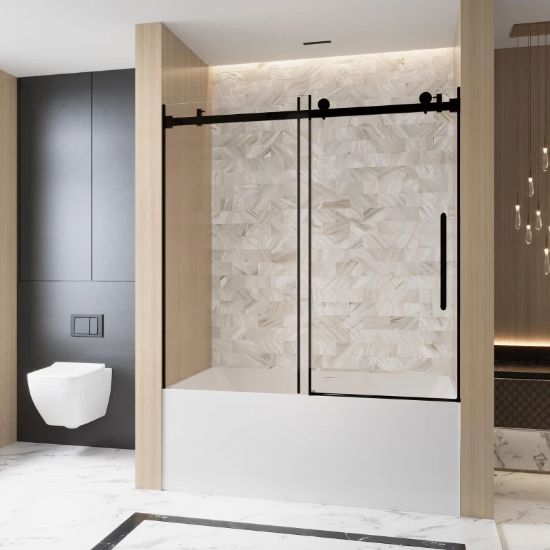 Frameless Sliding Shower Door with Smooth Quiet Stainless Steel Rollers & Round Tracks, Panel for Bathroom, 60" L x 0.5" W x 60" H, Matt Black