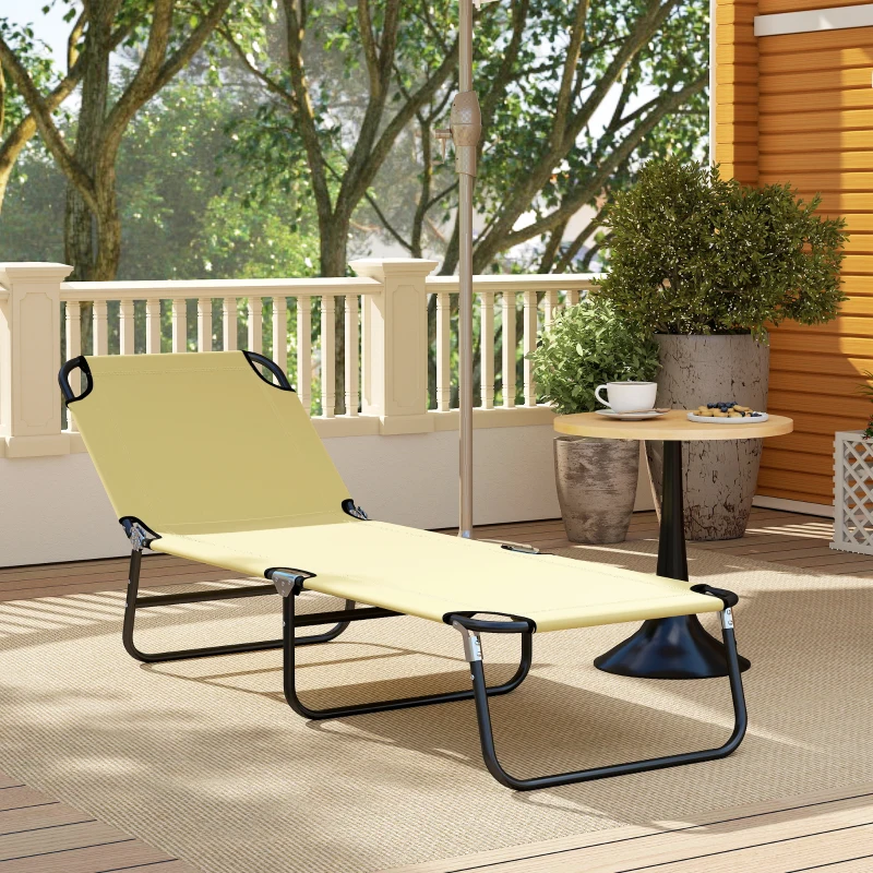 Outsunny Outdoor Folding Lounge Chair, Steel Tanning Chair with Reclining Back, Breathable Mesh for Beach, Yard, Patio, Cream