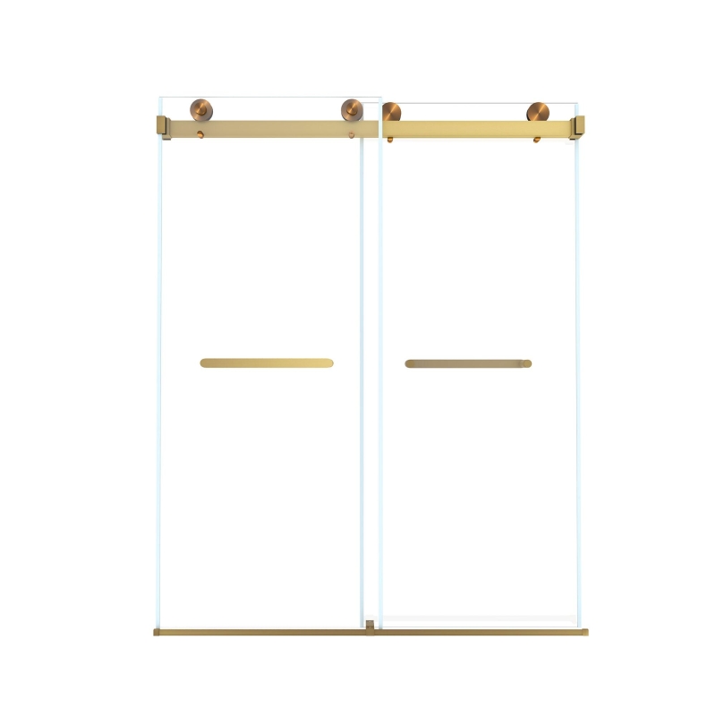 Frameless Double Sliding Shower Door with Silent Rollers, Bathroom Door with Square Tube Track, 60" L x 0.5" W x 74" H, Brushed Gold