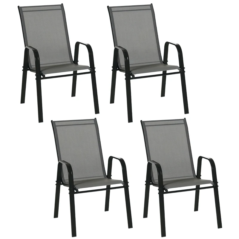 Outsunny Set of 4 Outdoor Dining Chairs, Heavy Duty Stackable Patio Dining Set with Armrests for Balcony Garden, Dark Grey