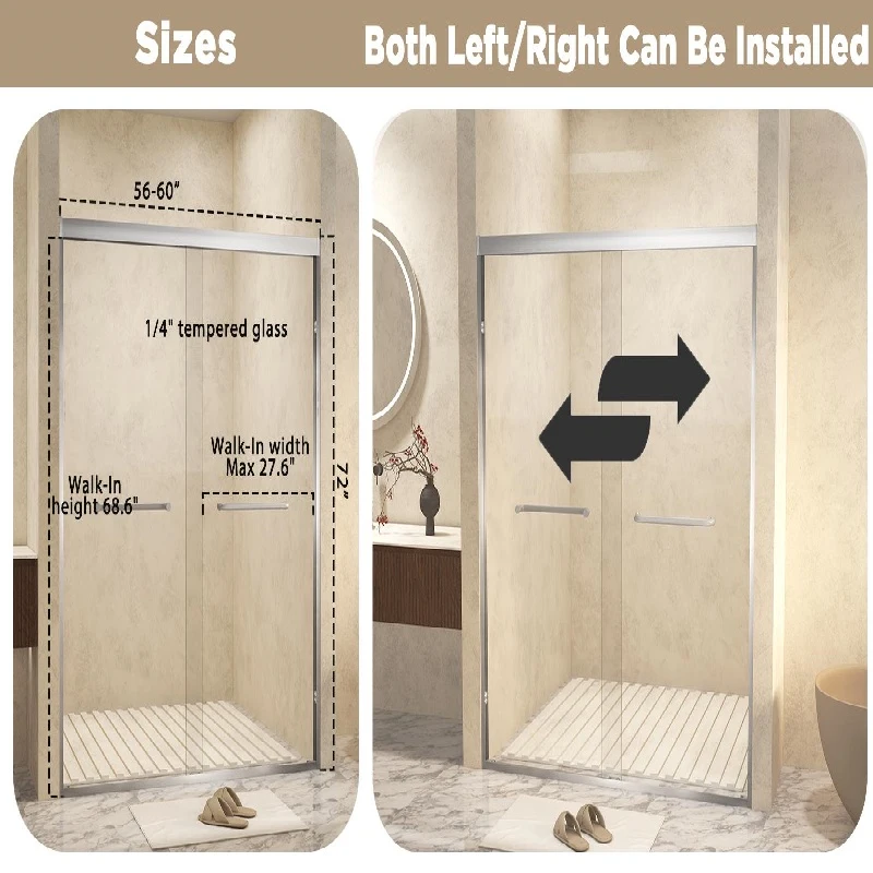 Double Sliding Shower Door with Explosion-Proof Safety Film and Steel Long Handle, Panel for Bathroom, 60" L x 0.5" W x 72" H, Brushed Nickel