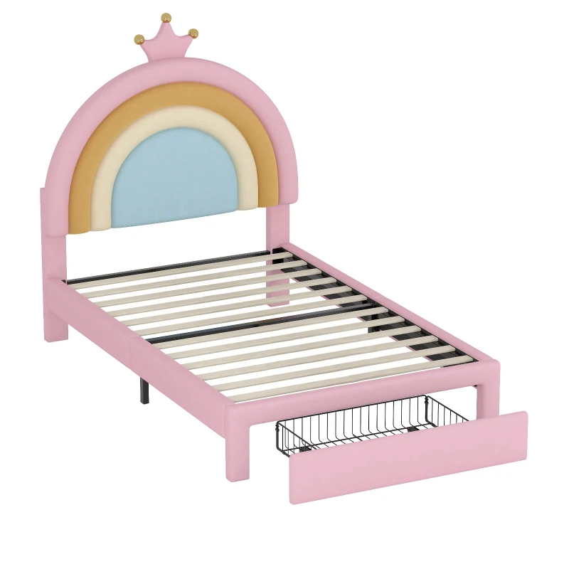 Twin Size Velvet Platform Bed with Storage Drawer, Upholstered Rainbow Design, Bed Frame for Children, 77.5" L x 40.5" W x 47" H, Pink