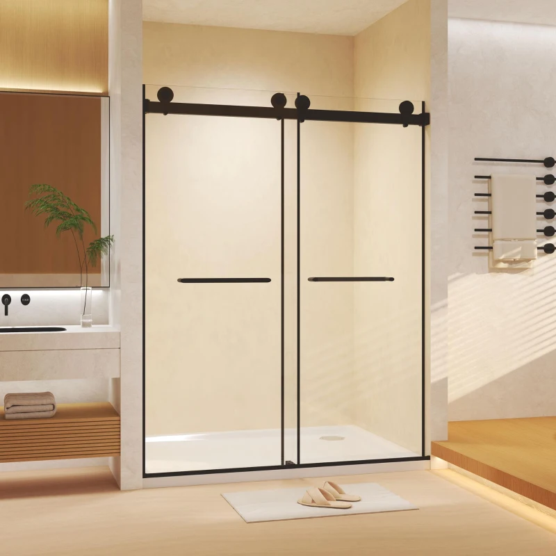 Frameless Double Sliding Shower Door with Silent Rollers, Bathroom Door with Square Tube Track, 60" L x 0.5" W x 74" H, Matte Black
