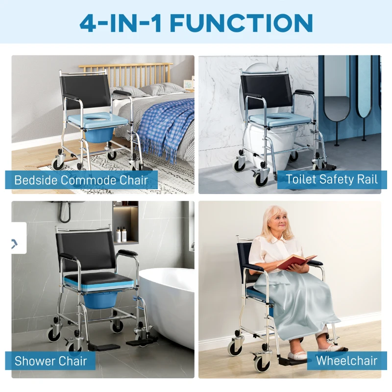 HOMCOM Rolling Shower Chair, Bedside Commode Wheelchair with Padded Seat, Backrest, for Seniors, Disabled, 300 lbs, Black