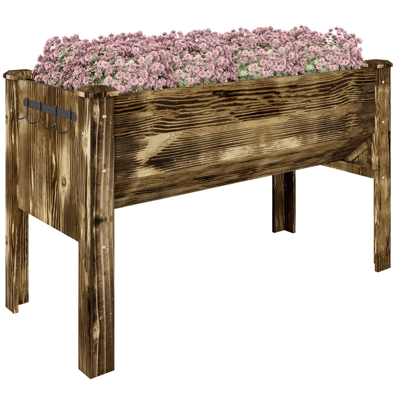 Outsunny Wooden Raised Garden Plant Stand Outdoor Tall Flower Bed Box with Hooks, 48" x 24" x 32", Carbonized