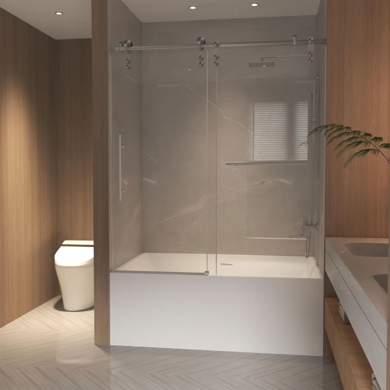 Sliding Shower Door with Waterproof Seals and Tempered Glass, Bathroom Door with Towel Bar Handle, 60" L x 0.5" W x 66" H, Brushed Nickel