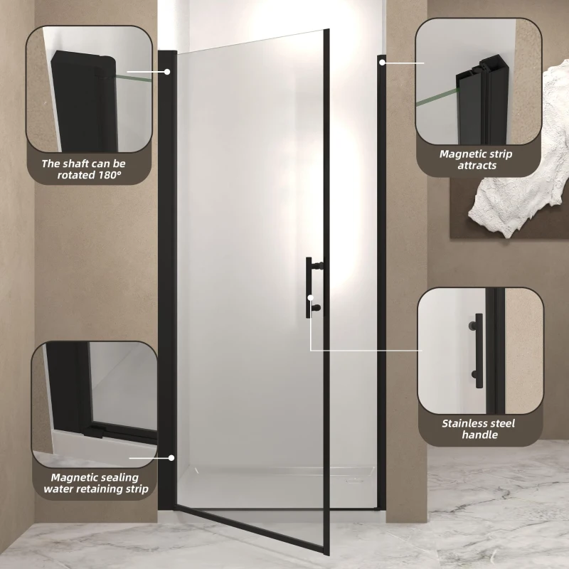 Pivot Shower Door with Safety Film and Stainless Steel Handle, Space-Saving Swinging Panel for Bathroom, 34" L x 0.5" W x 72" H, Matte Black