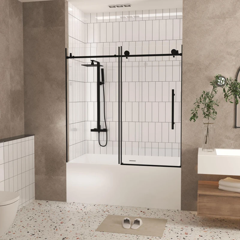 Frameless Sliding Shower Door with Smooth Quiet Stainless Steel Rollers & Round Tracks, Panel for Bathroom, 60" L x 0.5" W x 60" H, Matte Black