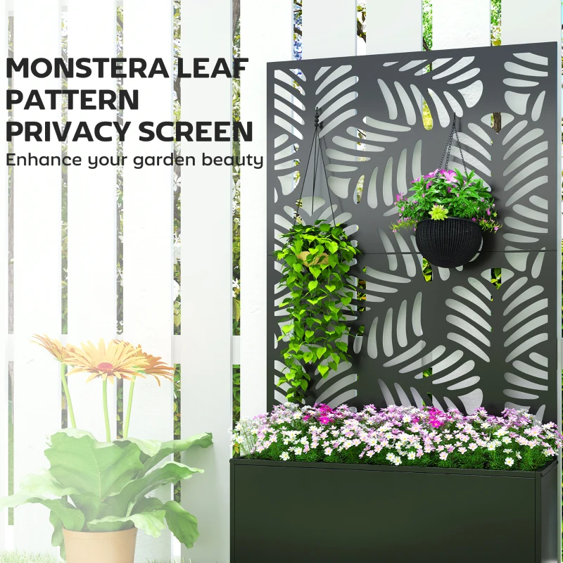 Outsunny Metal Planter Box with Trellis, Raised Garden Bed with Monstera Leaf Cut-Out Privacy Screen and Wheels
