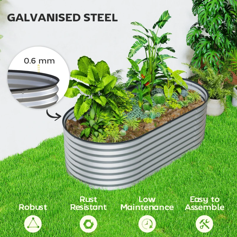 Outsunny 5 x 2.5 x 2 ft Galvanized Raised Garden Bed, Easy DIY Oval Planter Box with Safety Edging and Gloves, Silver