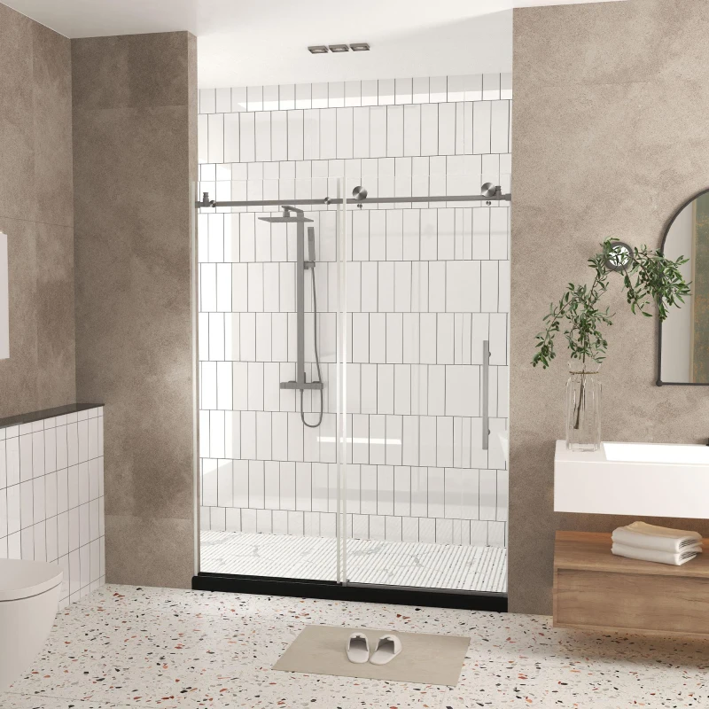 Frameless Shower Door with Anti-Shatter Safety Film and Bottom Water-Blocking Strip, Panel for Bathroom, 60" L x 0.5" W x 76" H, Brushed Nickel