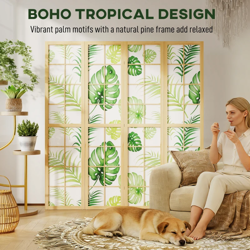HOMCOM 4 Panel Folding Privacy Screen, 67" Room Divider with Palm Leaf Design for Living Room Bedroom, Natural and Green