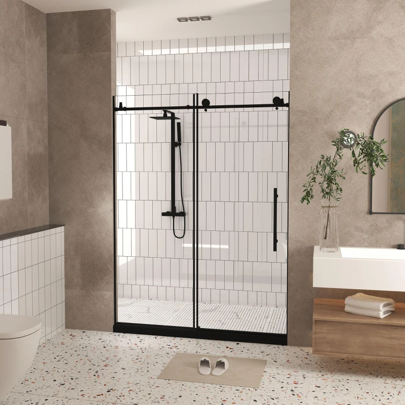 Frameless Sliding Shower Door with Explosion-Proof Film and Smooth Stainless Steel Rollers, Panel for Bathroom, 60" L x 0.5" W x 76" H, Matte Black
