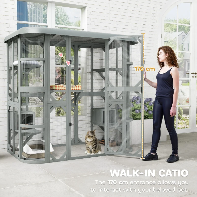 PawHut Catio Outdoor Cat Enclosure, 71" Wooden Cat House with Platforms, Condos and Waterproof Cover for 2–3 Kittens, Grey
