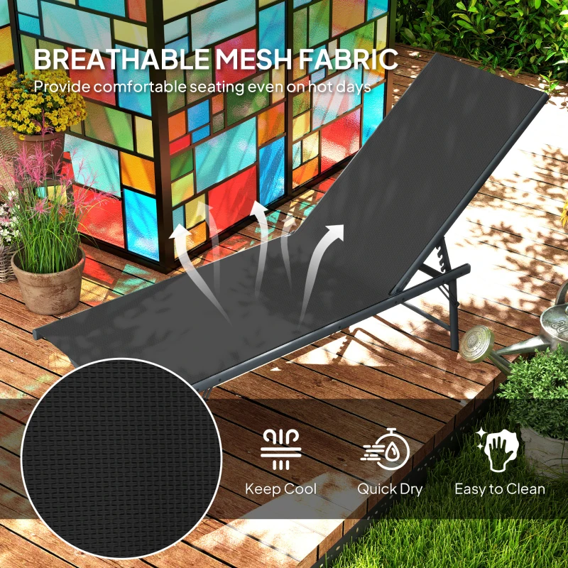 Outsunny 2 Pieces Folding Outdoor Lounge Chairs, Reclining Chaise Lounge Tanning Chair w/ Adjustable Back, Mesh Seat, Black