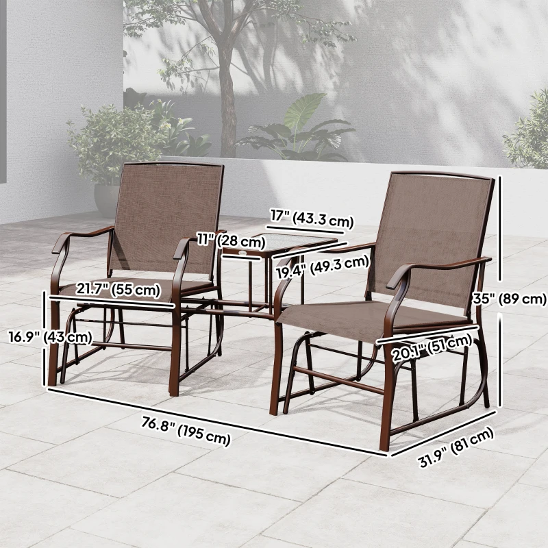 Outsunny Double Patio Glider Chair with Glass Top Center Table, Outdoor Glider Loveseat with High Back,  All Weather Breathable Mesh Fabric for Garden, Backyard, Deck, Brown