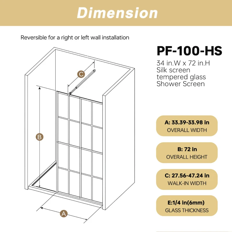 Framed Glass Shower Screen with Safety Film and Tempered Glass, Door with Stainless Steel Support Rod, 34" L x 0.5" W x 72" H, Matte Black