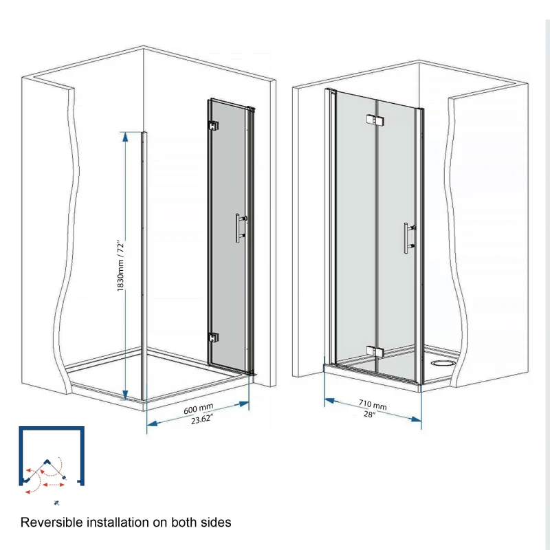 28” Bi-Fold Shower Door with Explosion-Proof Film and Tempered Glass, Bathroom Door with Stainless Steel Handle, 28" L x 0.5" W x 72" H, Chrome