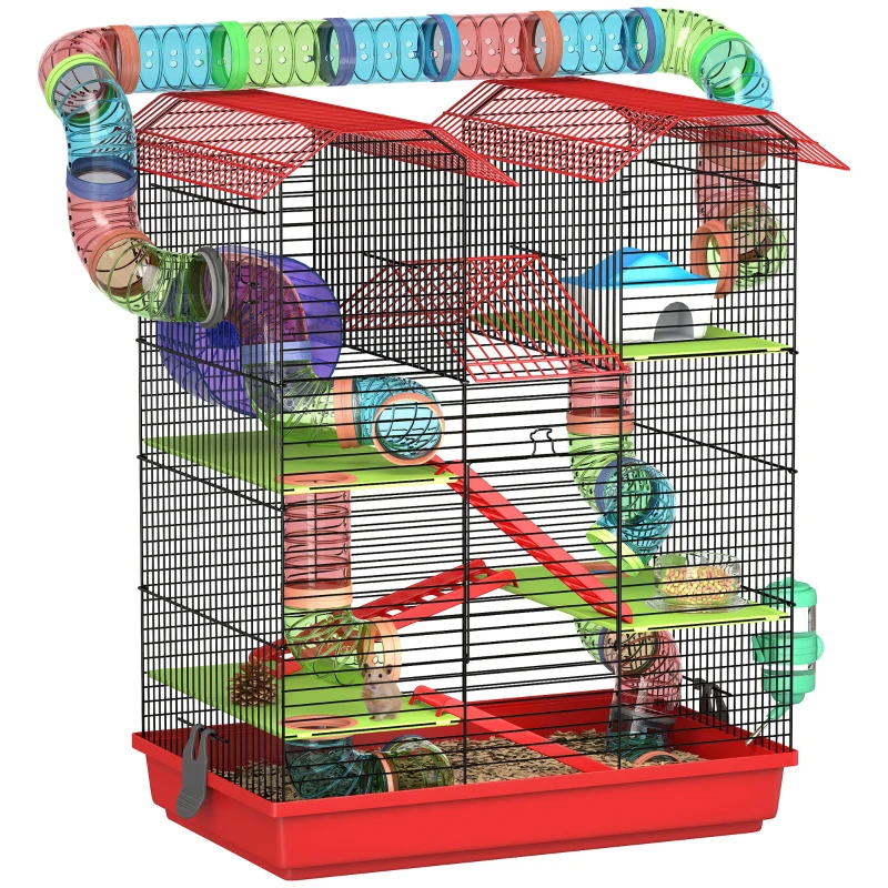 PawHut 18.5" Hamster Cage, 5 Tiers Small Animal House with Tunnel Tube System, Exercise Wheel, Water Bottle, Red