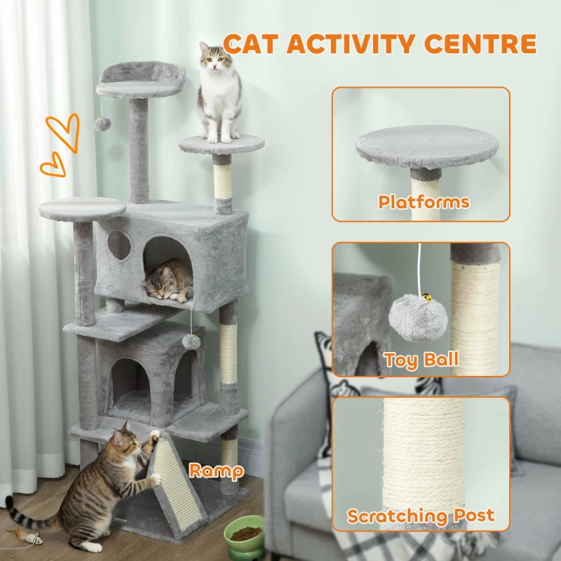 PawHut 54" Cat Tree, Multi-Level Cat Tower with Scratching Posts, Cat Condos, Bed, Platforms, Ramp, Toy Ball, Light Grey