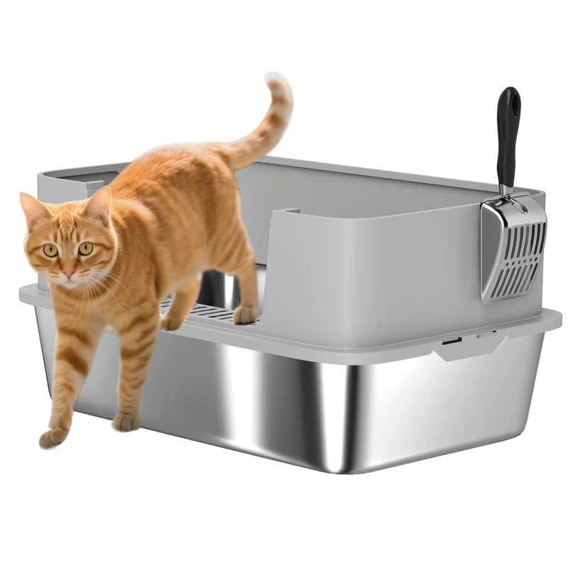 PawHut Stainless Steel Litter Box, XL High Sided Cat Litter Box with Scoop, Anti Leakage & Easy to Clean, 24" x 16" x 12", Grey