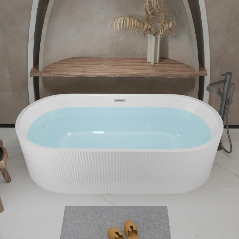 67" Freestanding Soaking Tub with Vertical Pleated Exterior, Bathtub with Chrome Pop-Up Toe-Tap Drain, 67" L x 31.5" W x 23" H, Gloss White