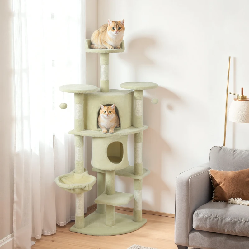 PawHut 62" Cat Tree with Scratching Post, 2 Condos, Hammock, Perches, Plush, Pompoms, for Indoor Cats, Beige