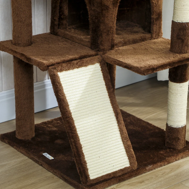 PawHut 54" Cat Tree, Multi-Level Cat Tower with Scratching Posts, Cat Condos, Bed, Platforms, Ramp, Toy Ball, Light Brown