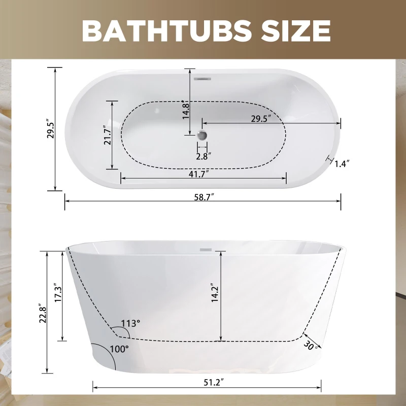 59" Acrylic Freestanding Soaking Bathtub with Double-Wall Insulation, Ergonomic Deep Tub for Heat Retention, 59" L x 29.5" W x 23" H, Gloss White