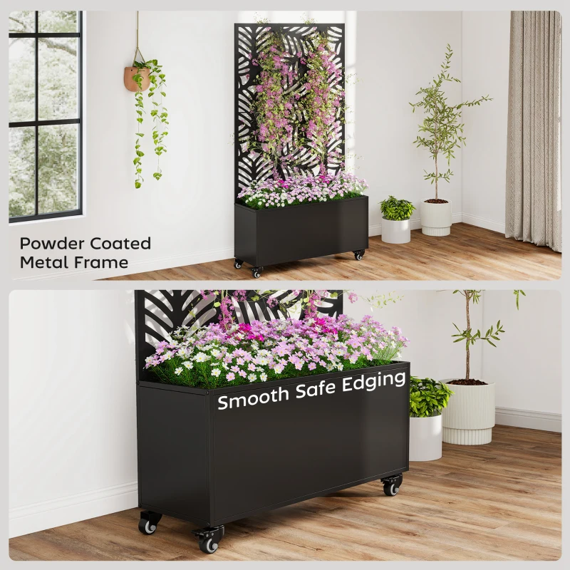 Outsunny Metal Planter Box with Trellis, Raised Garden Bed with Monstera Leaf Cut-Out Privacy Screen and Wheels