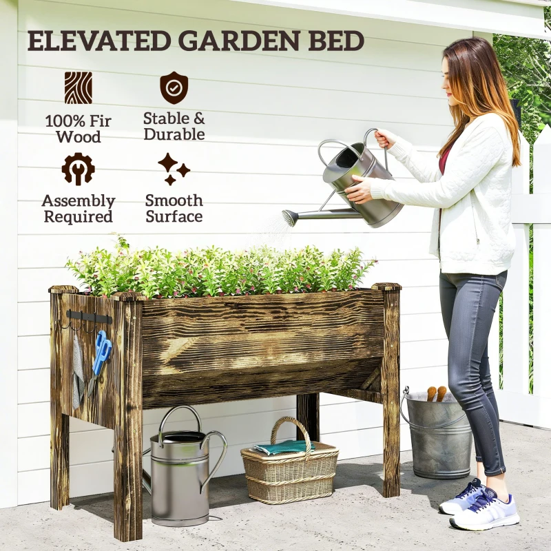Outsunny Wooden Raised Garden Plant Stand Outdoor Tall Flower Bed Box with Hooks, 48" x 24" x 32", Carbonized