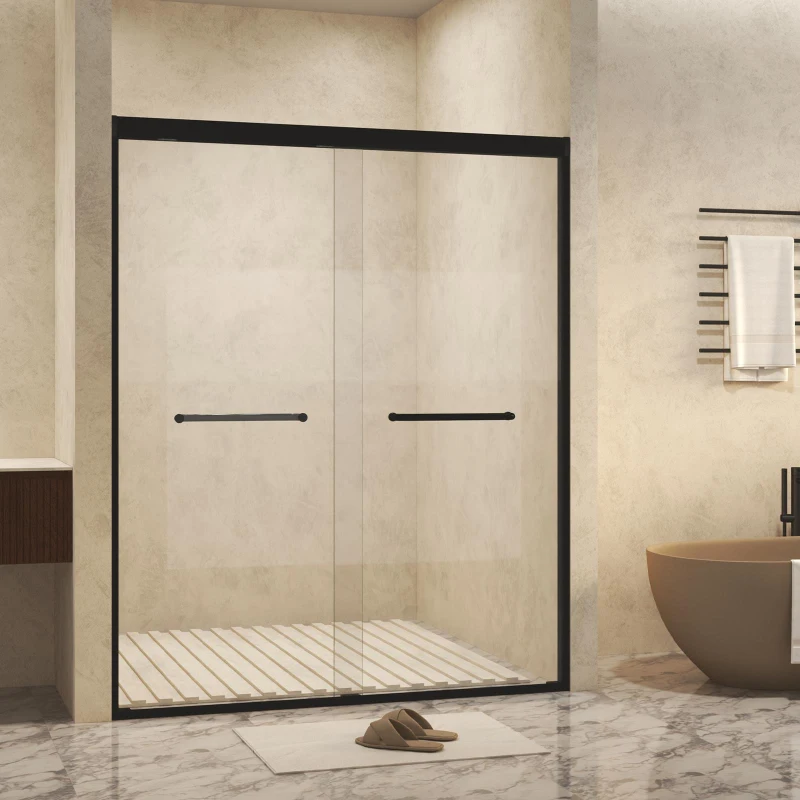 Double Sliding Shower Door with Explosion-Proof Safety Film and Stainless Steel Handle, Panel for Bathroom, 48" L x 0.5" W x 72" H, Matt Black
