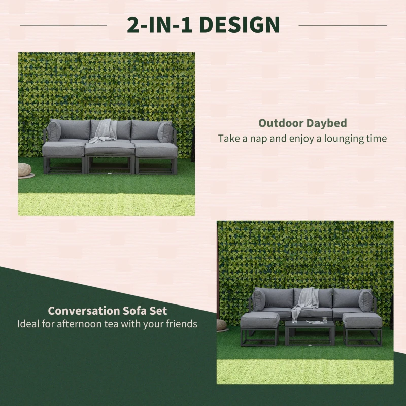 Outsunny 6 Pieces Patio Furniture Set, Space-Saving Sectional Outdoor Daybed with Aluminum Frame and Thickened Cushions, Grey