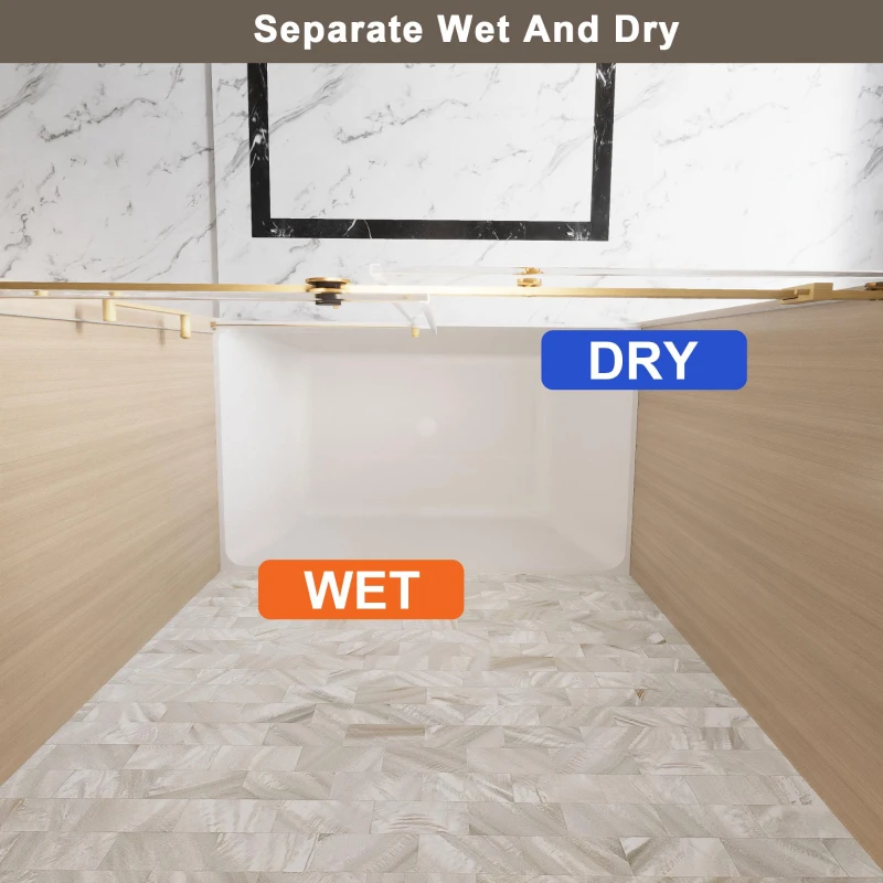 Frameless Shower Door with Anti-Shatter Safety Film and Bottom Water-Blocking Strip, Panel for Bathroom, 60" L x 0.5" W x 60" H, Brushed Gold