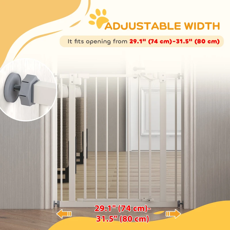 PawHut 30 Inch Tall Pet Gate with Door Dog Gate and Barrier Indoor for Stairs, Pressure-Mounted Safety Gate, White