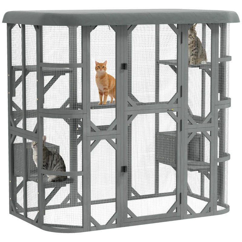 PawHut Catio Outdoor Cat Enclosure, 71" Wooden Cat House with Platforms, Condos and Waterproof Cover for 2–3 Kittens, Grey