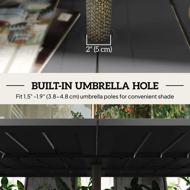 Outsunny 59" Outdoor Patio Table with Umbrella Hole, Outdoor Dining Table with Slatted Tabletop for Backyard Garden, Black