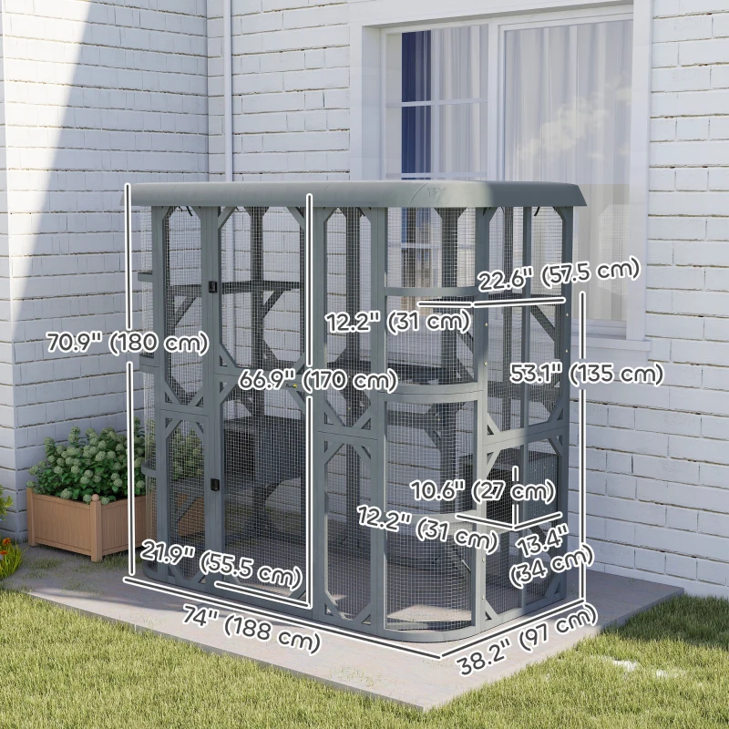 PawHut Catio Outdoor Cat Enclosure, 71" Wooden Cat House with Platforms, Condos and Waterproof Cover for 2–3 Kittens, Grey